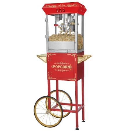 Great Northern Popcorn Foundation Popcorn Machine with Cart Popper Makes 3 Gallons, 8-Ounce Kettle, Drawer, Tray, Scoop (Red) 387508BKB